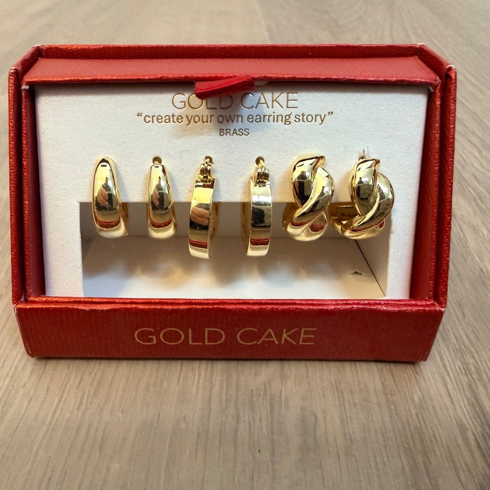 NIB Gold Cake Brass Earring Set 3 Pairs Gold Tone‎ Hoops Huggies Twisted